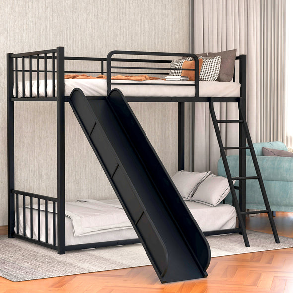 Metal bunk bed with slide, twin over twin, black