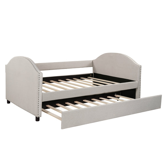 Full size Upholstered Daybed with Twin Size Trundle, Wood Slat Support, Beige