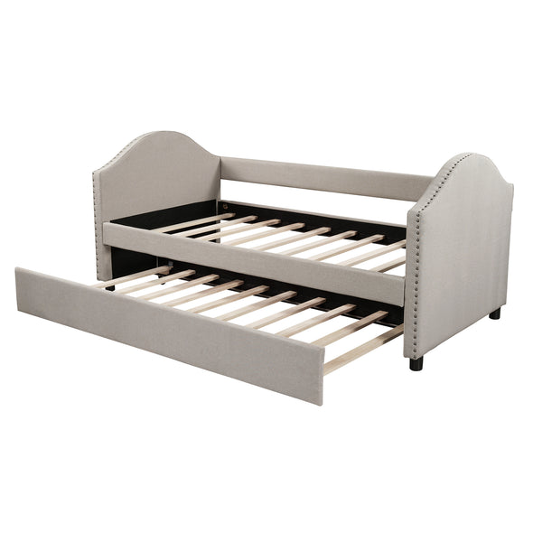 Twin size Upholstered Daybed with Twin Size Trundle, Wood Slat Support, Beige