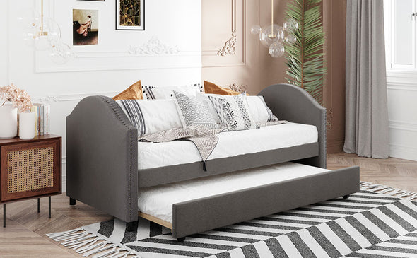 Twin size Upholstered Daybed with Twin Size Trundle, Gray