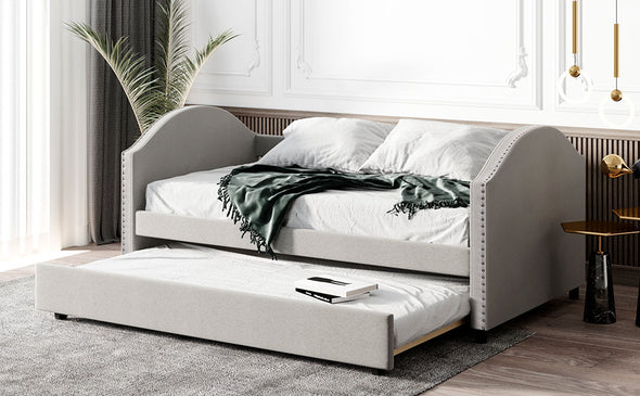 Full size Upholstered Daybed with Twin Size Trundle, Wood Slat Support, Beige
