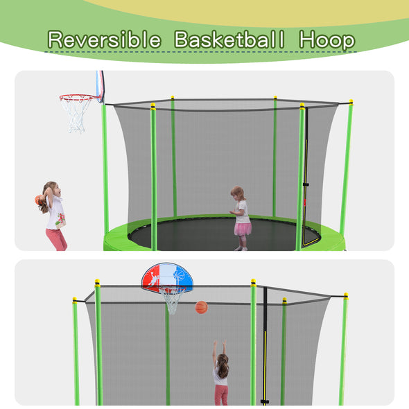10FT Trampoline for Kids with Safety Enclosure Net, Basketball Hoop and Ladder, Easy Assembly Round Outdoor Recreational Trampoline