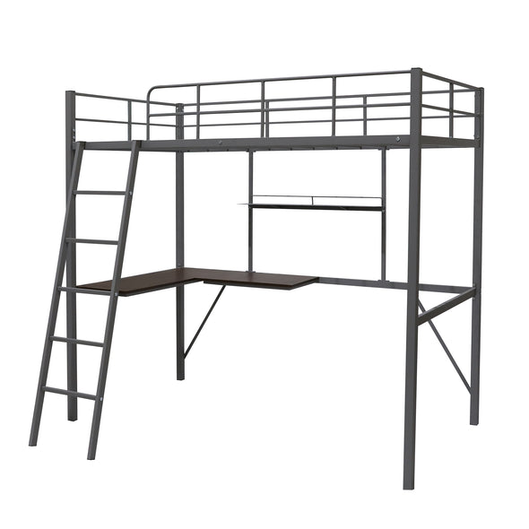 Metal Twin Loft Bed with Desk and Shelf, Twin Size High Loft Bed ( Gray）