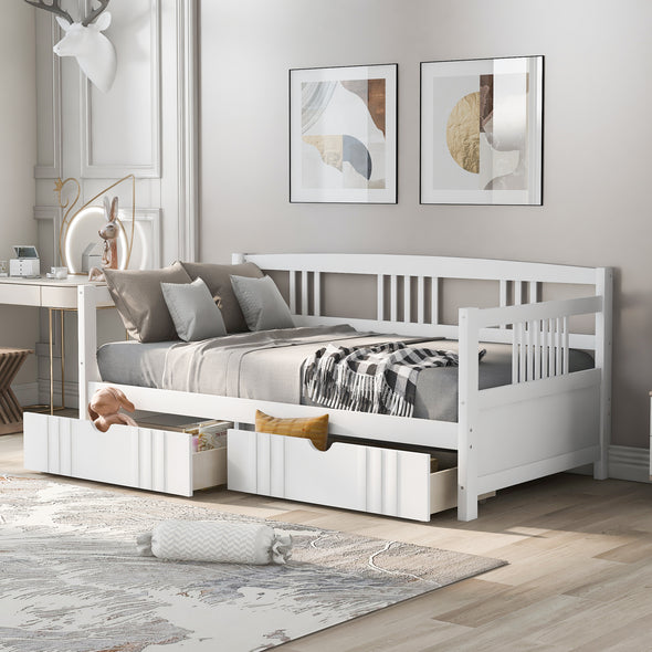 Twin Size Daybed Wood Bed with Two Drawers,White