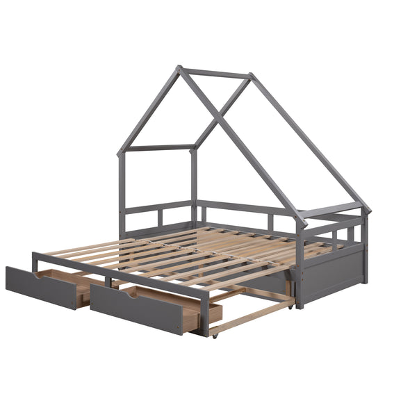 Extending Daybed with Two Drawers, Wooden House Bed with Drawers, Gray