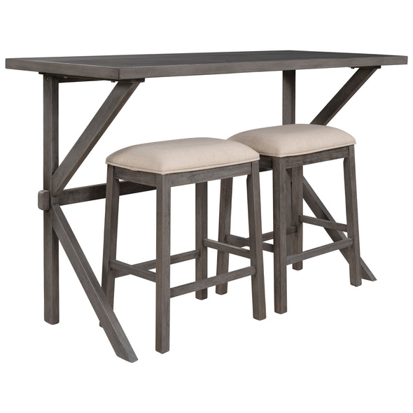 Farmhouse Rustic 3-piece Counter Height Wood Kitchen Dining Table Set with 2 Stools for Small Places, Gray+Beige Cushion