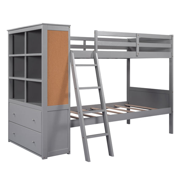 Wood Twin Over Twin Bunk Bed with Bookcase, Full-Length Guardrails and Ladder, Multi-Functional Combination of Bunk Bed and Storage Cabinet with Shelves and Drawers (Gray)