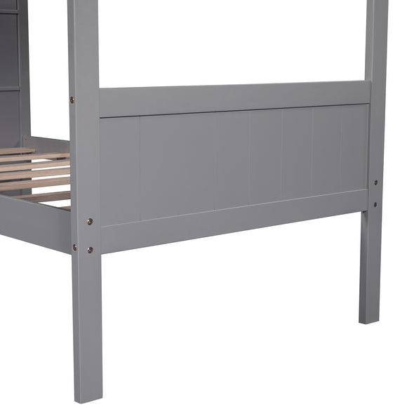 Wood Twin Over Twin Bunk Bed with Bookcase, Full-Length Guardrails and Ladder, Multi-Functional Combination of Bunk Bed and Storage Cabinet with Shelves and Drawers (Gray)
