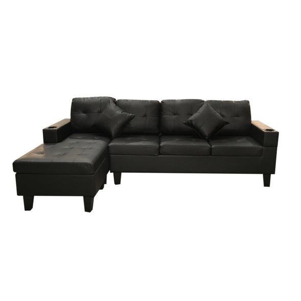 Sectional Sofa Set for Living Room with L Shape Chaise Lounge ,cup holder and Left or Right Hand Chaise Modern 4 Seat (BLACK)