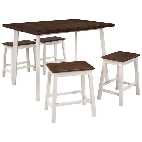 5-Piece Rustic Wood Kitchen Dining Table Set with 4 Stools for Small Places, Cherry+White