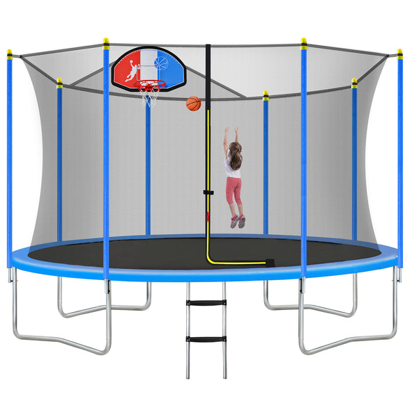 14FT Trampoline for Kids with Safety Enclosure Net, Basketball Hoop and Ladder, Easy Assembly Round Outdoor Recreational Trampoline