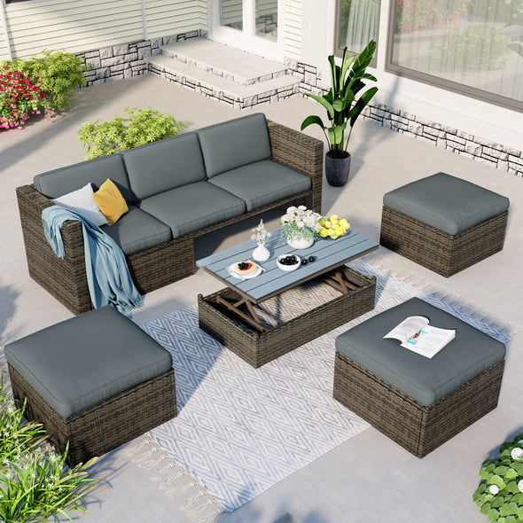Patio Furniture Sets, Outdoor PE Rattan Sectional Sofa, 5-Piece Patio Wicker Sofa with Adustable Backrest, Cushions, Ottomans and Lift Top Coffee Table