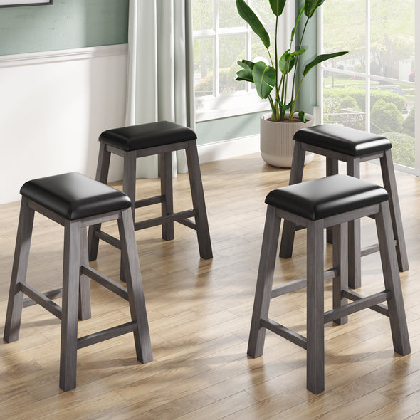 4 Pieces Counter Height Wood Kitchen Dining Upholstered Stools for Small Places, Gray Finish+ Black Cushion