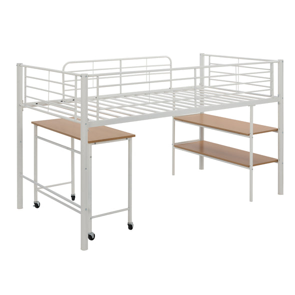 Twin Size Metal Loft Bed with Desk and Shelves,White
