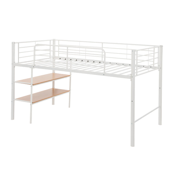 Twin Size Metal Loft Bed with Desk and Shelves,White