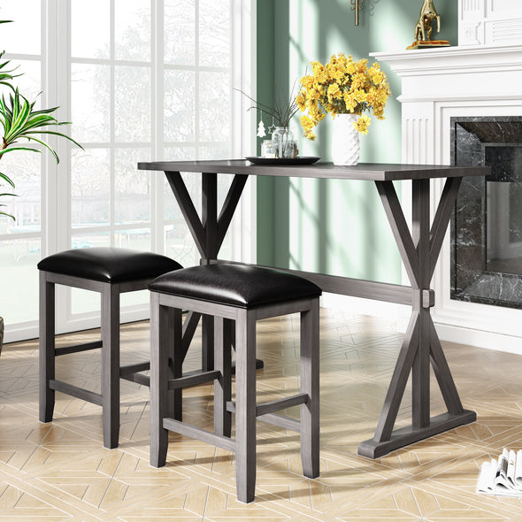 3-Piece Counter Height Wood Kitchen Dining Table Set with 2 Stools for Small Places, Gray Finish+Black Cushion