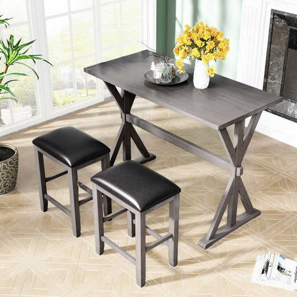 3-Piece Counter Height Wood Kitchen Dining Table Set with 2 Stools for Small Places, Gray Finish+Black Cushion