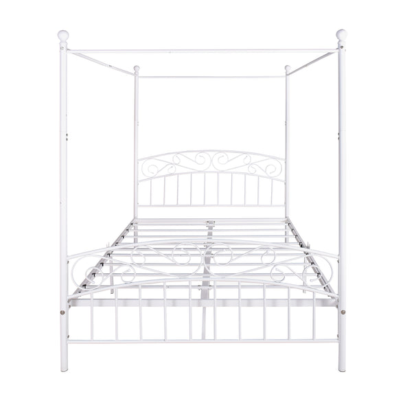 Canopy Bed Frame Queen Size Black Metal 4 Poster Mattress Foundation Modern Post Corner with Headboard for Girls Adults