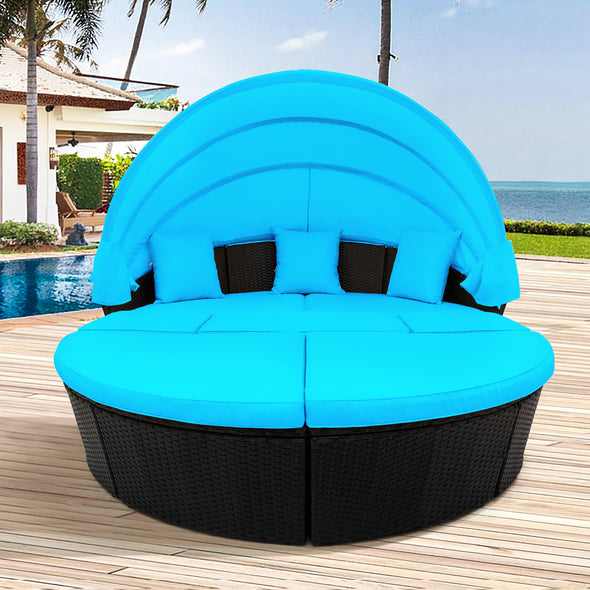 Outdoor rattan daybed sunbed with Retractable Canopy Wicker Furniture, Round Outdoor Sectional Sofa Set, black Wicker Furniture Clamshell  Seating with Washable Cushions, Backyard, Porch, Blue.