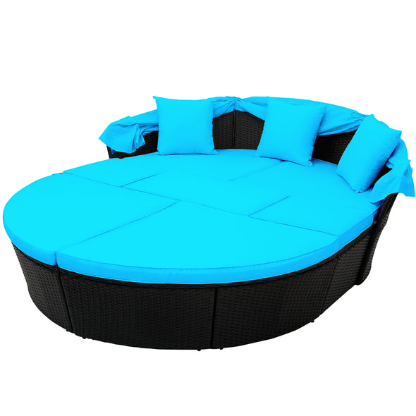 Outdoor rattan daybed sunbed with Retractable Canopy Wicker Furniture, Round Outdoor Sectional Sofa Set, black Wicker Furniture Clamshell  Seating with Washable Cushions, Backyard, Porch, Blue.