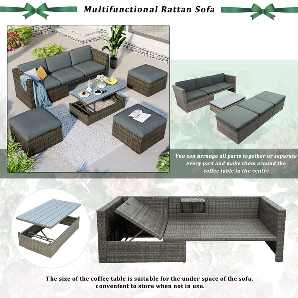 Patio Furniture Sets, Outdoor PE Rattan Sectional Sofa, 5-Piece Patio Wicker Sofa with Adustable Backrest, Cushions, Ottomans and Lift Top Coffee Table
