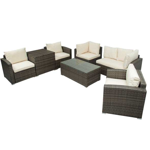 Patio Furniture Sets, 7-Piece Patio Wicker Sofa , Cushions, Chairs , a Loveseat , a Table and a Storage Box
