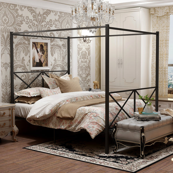 Metal Canopy Bed Frame, Platform Bed Frame  with X Shaped Frame Full Black