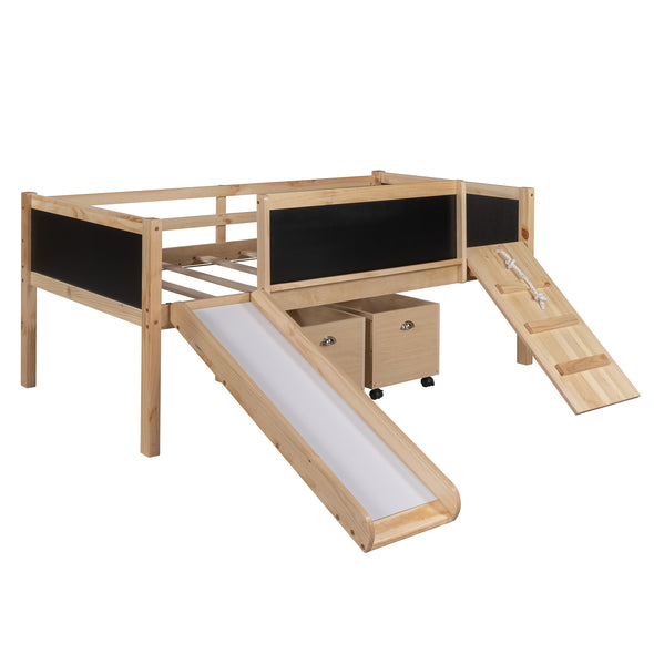 Twin size Loft Bed Wood Bed with Two Storage Boxes - Natrual