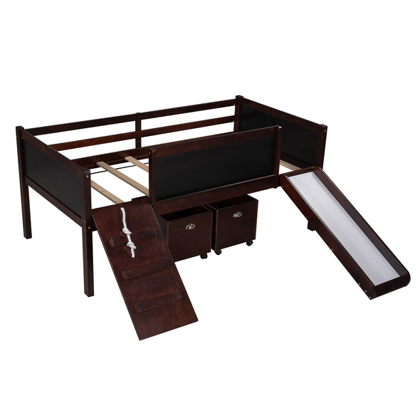 Twin size Loft Bed Wood Bed with Two Storage Boxes - Espresso