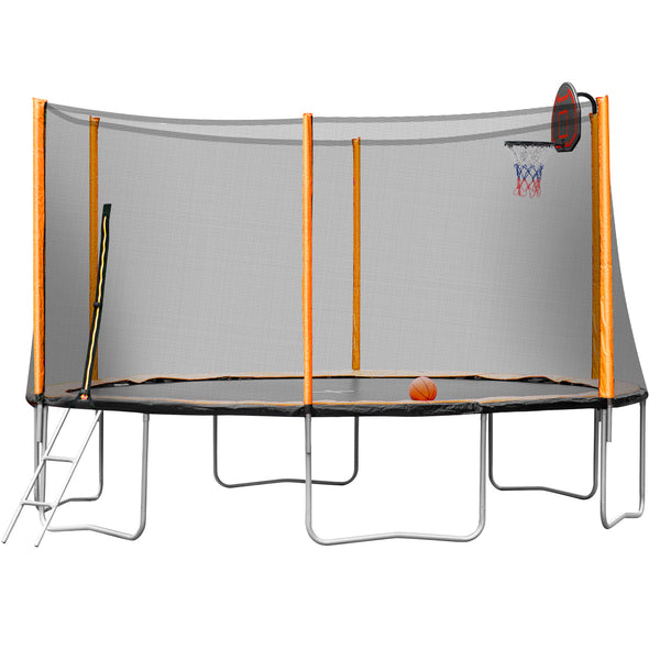 14FT Powder-coated Advanced Trampoline with Basketball Hoop Inflator and Ladder(Outer Safety Enclosure) Orange