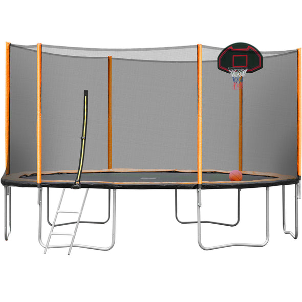 14FT Powder-coated Advanced Trampoline with Basketball Hoop Inflator and Ladder(Outer Safety Enclosure) Orange