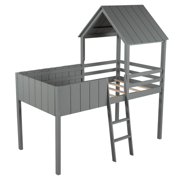 Twin size Loft Bed Wood Bed with Roof, Guardrail, Ladder,House Bed,No Box Spring Needed(GRAY)