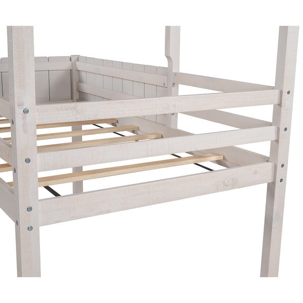 Twin size Loft Bed Wood Bed with Roof, Guardrail, Ladder,House Bed,No Box Spring Needed(Wash White)