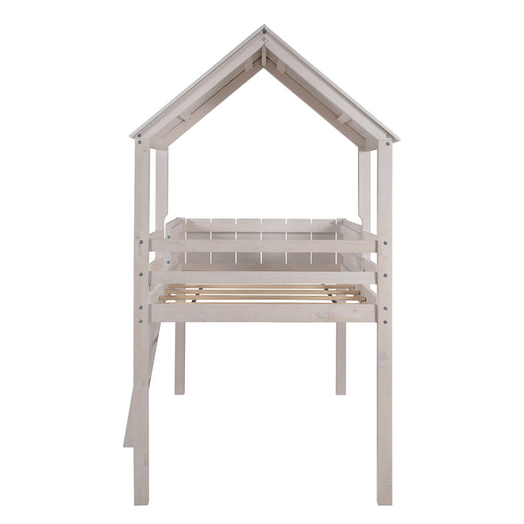 Twin size Loft Bed Wood Bed with Roof, Guardrail, Ladder,House Bed,No Box Spring Needed(Wash White)