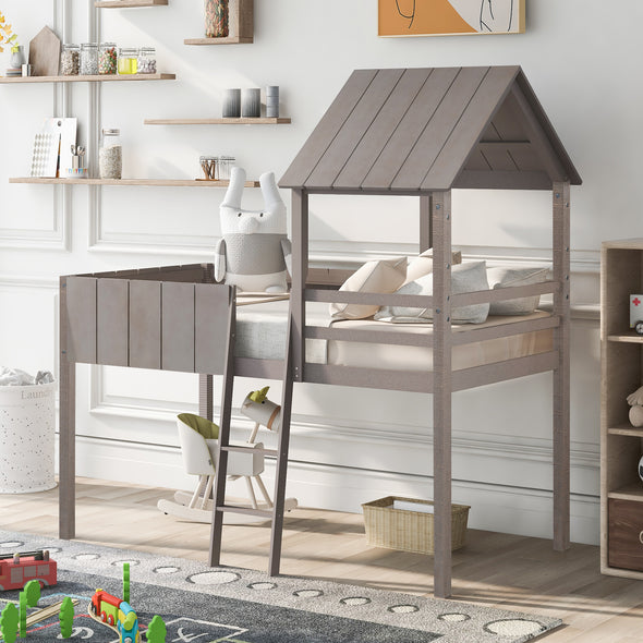 Twin size Loft Bed Wood Bed with Roof, Guardrail, Ladder,House Bed,No Box Spring Needed(Wash Gray)