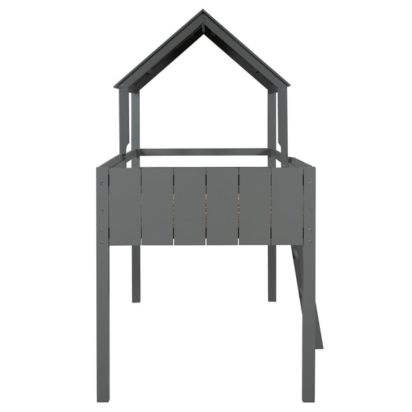 Twin size Loft Bed Wood Bed with Roof, Guardrail, Ladder,House Bed,No Box Spring Needed(GRAY)