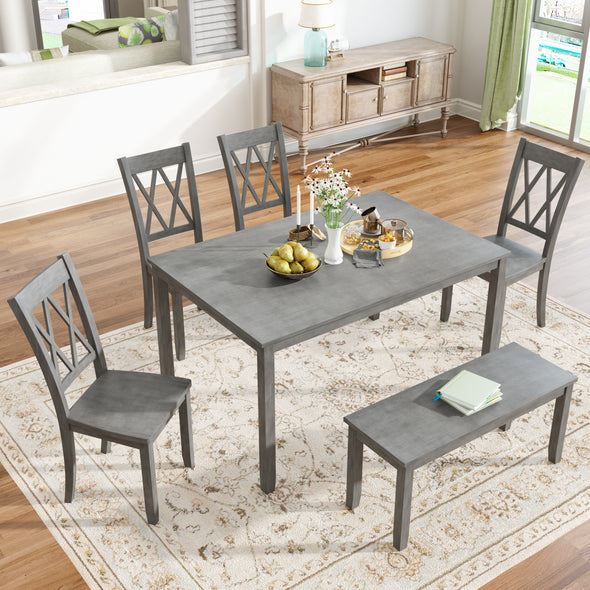 6-piece Wooden Kitchen Table set, Farmhouse Rustic Dining Table set with Cross Back 4 Chairs and Bench,Antique Graywash