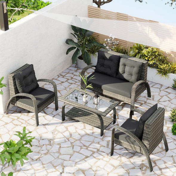 Outdoor Patio 4-Piece Sectional Rattan Sofa Set, All-Weather PE Wicker Conversation Set with Tempered Glass Storage Tea Table for Backyard, Poolside, Deck, Gray