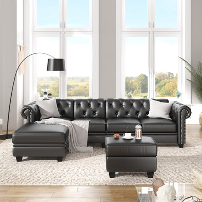116& Chesterfield Sectional Sofa Set, PU Leather 4-Seat Living Room Set