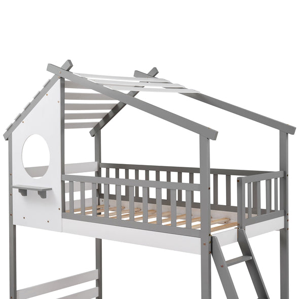 Twin Over Twin Bunk Bed Wood Bed with Roof, Window, Ladder for Kids, Teens, Girls, Boys ( Gray )