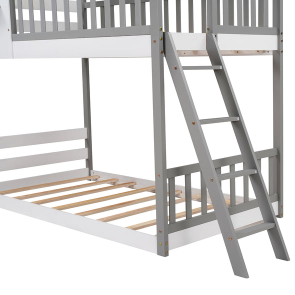 Twin Over Twin Bunk Bed Wood Bed with Roof, Window, Ladder for Kids, Teens, Girls, Boys ( Gray )