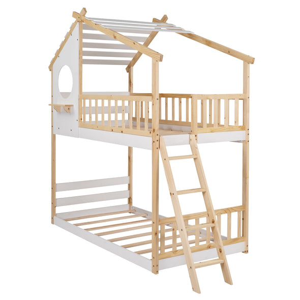 Twin Over Twin Bunk Bed Wood Bed with Roof, Window, Ladder for Kids, Teens, Girls, Boys ( Natural )