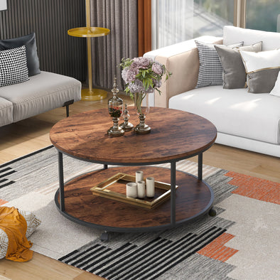 Round Coffee Table with Caster Wheels and Wood Textured Surface for Living Room, &phi;35.5&rdquo;( Distressed Brown)