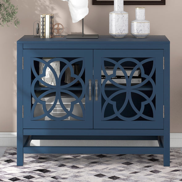 U-style Wood Accent Buffet Sideboard Storage Cabinet with Doors and Adjustable Shelf, Entryway Kitchen Dining Room, Navy Blue