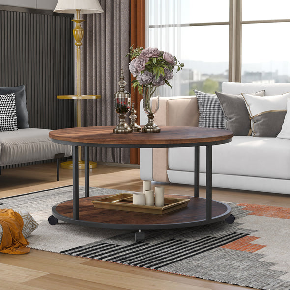 Round Coffee Table with Caster Wheels and Wood Textured Surface for Living Room, &phi;35.5&rdquo;( Distressed Brown)