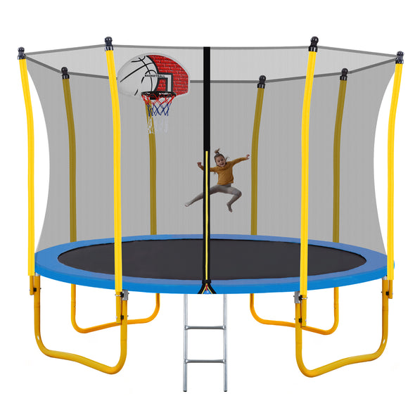 12FT Trampoline for Kids with Safety Enclosure Net, Basketball Hoop and Ladder, Easy Assembly Round Outdoor Recreational Trampoline