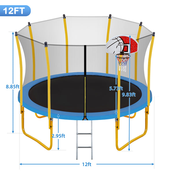 12FT Trampoline for Kids with Safety Enclosure Net, Basketball Hoop and Ladder, Easy Assembly Round Outdoor Recreational Trampoline