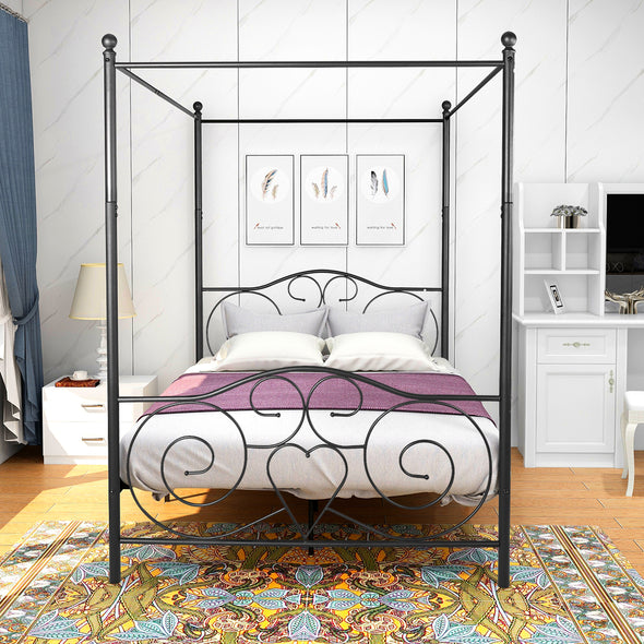Metal Canopy Bed Frame with Vintage Style Headboard  Footboard Sturdy Steel Holds 400-600lbs Perfectly Fits Your Mattress Easy DIY Assembly All Parts Included, Full Black
