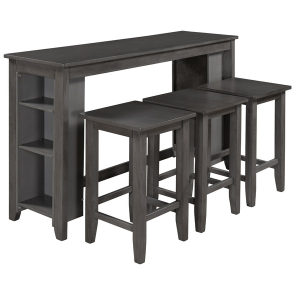 Rustic Farmhouse Counter Height Wood 4-Piece Kitchen Dining Table Set with 3 Stools and Storage Shelves, Gray