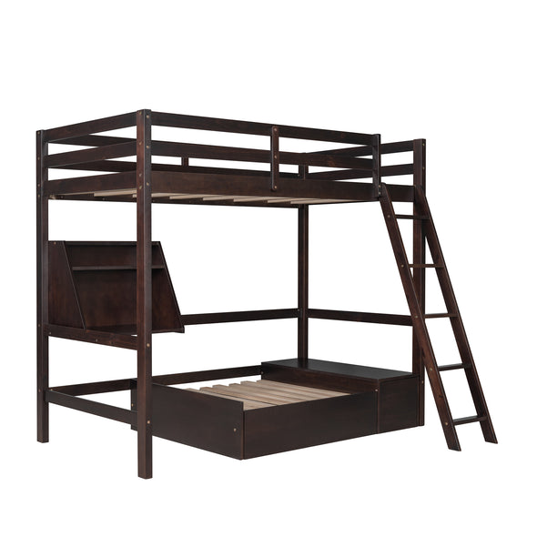 Twin Size Loft Bed Wood Bed with Convertible Lower Bed, Storage Drawer and Shelf ( Espresso )